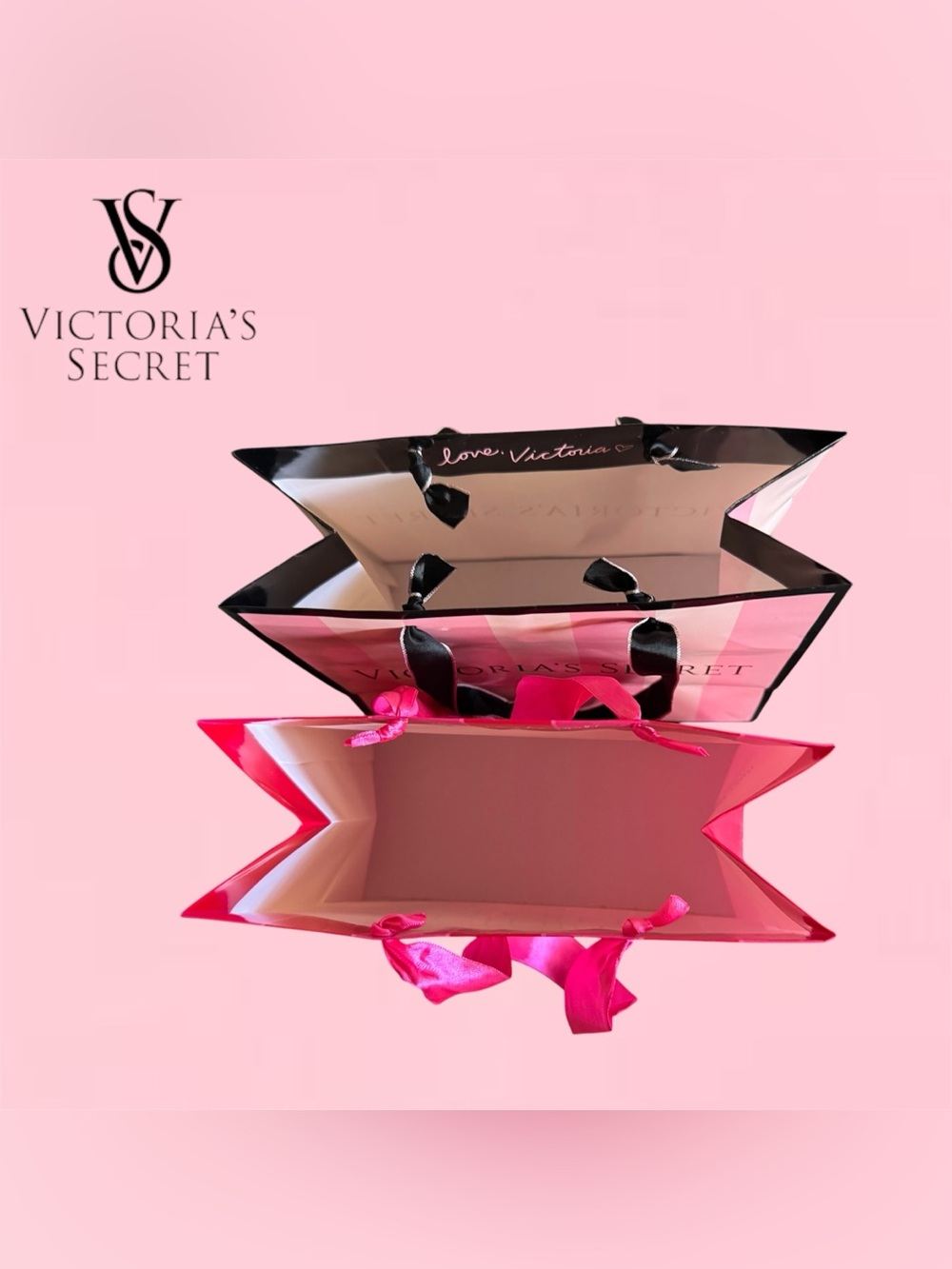Victoria's Secret Pink Striped Tote Gift Bags - Hot Pink & Light Pink (SET of 2) - Picture 4 of 4